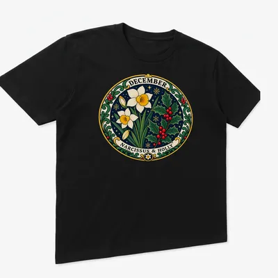 Vintage botanical print featuring Narcissus flowers and holly with the text 'DECEMBER NARCISSUS & HOLLY' — printed on a unisex t-shirt (angled view)