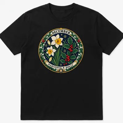 Vintage botanical print featuring Narcissus flowers and holly with the text 'DECEMBER NARCISSUS & HOLLY'