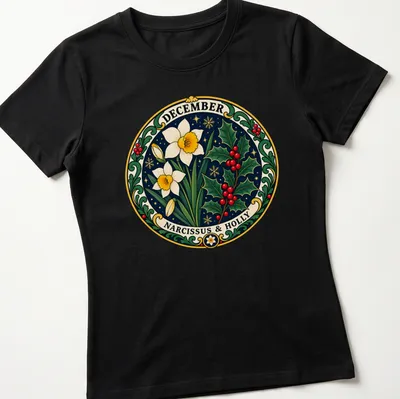 Vintage botanical print featuring Narcissus flowers and holly with the text 'DECEMBER NARCISSUS & HOLLY' — printed on a women's shirt