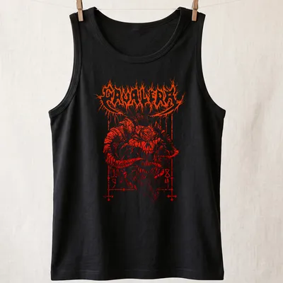 Bold graphic of a demonic skull with red and black colors and the text CAVALERA — printed on a tank top