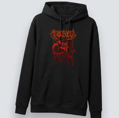 Bold graphic of a demonic skull with red and black colors and the text CAVALERA — printed on a unisex hoodie