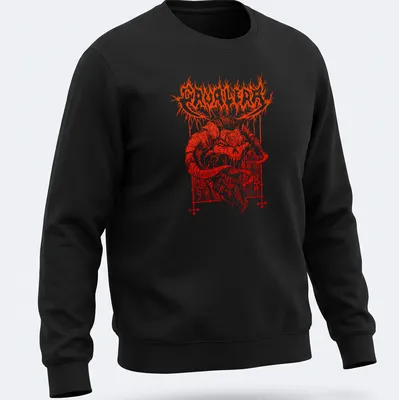 Bold graphic of a demonic skull with red and black colors and the text CAVALERA — printed on a unisex sweatshirt