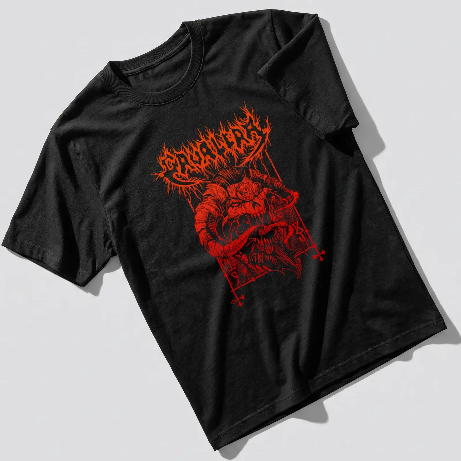 Bold graphic of a demonic skull with red and black colors and the text CAVALERA — printed on a unisex t-shirt
