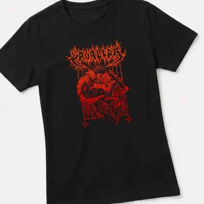 Bold graphic of a demonic skull with red and black colors and the text CAVALERA — printed on a women's shirt