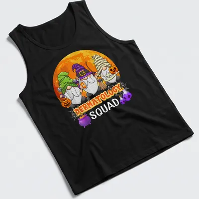 Cartoon dermatology gnomes with colorful accents and humorous text. — printed on a tank top