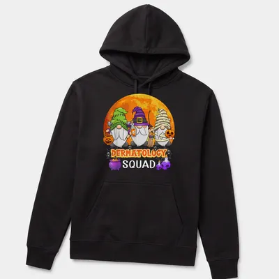 Cartoon dermatology gnomes with colorful accents and humorous text. — printed on a unisex hoodie