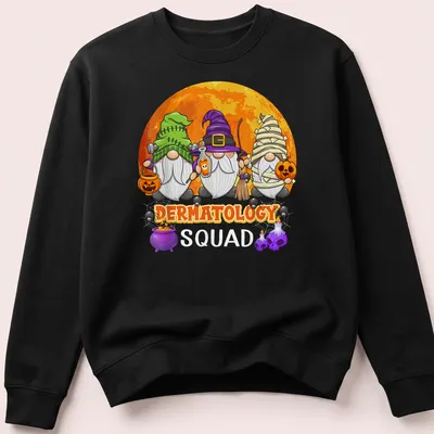 Cartoon dermatology gnomes with colorful accents and humorous text. — printed on a unisex sweatshirt