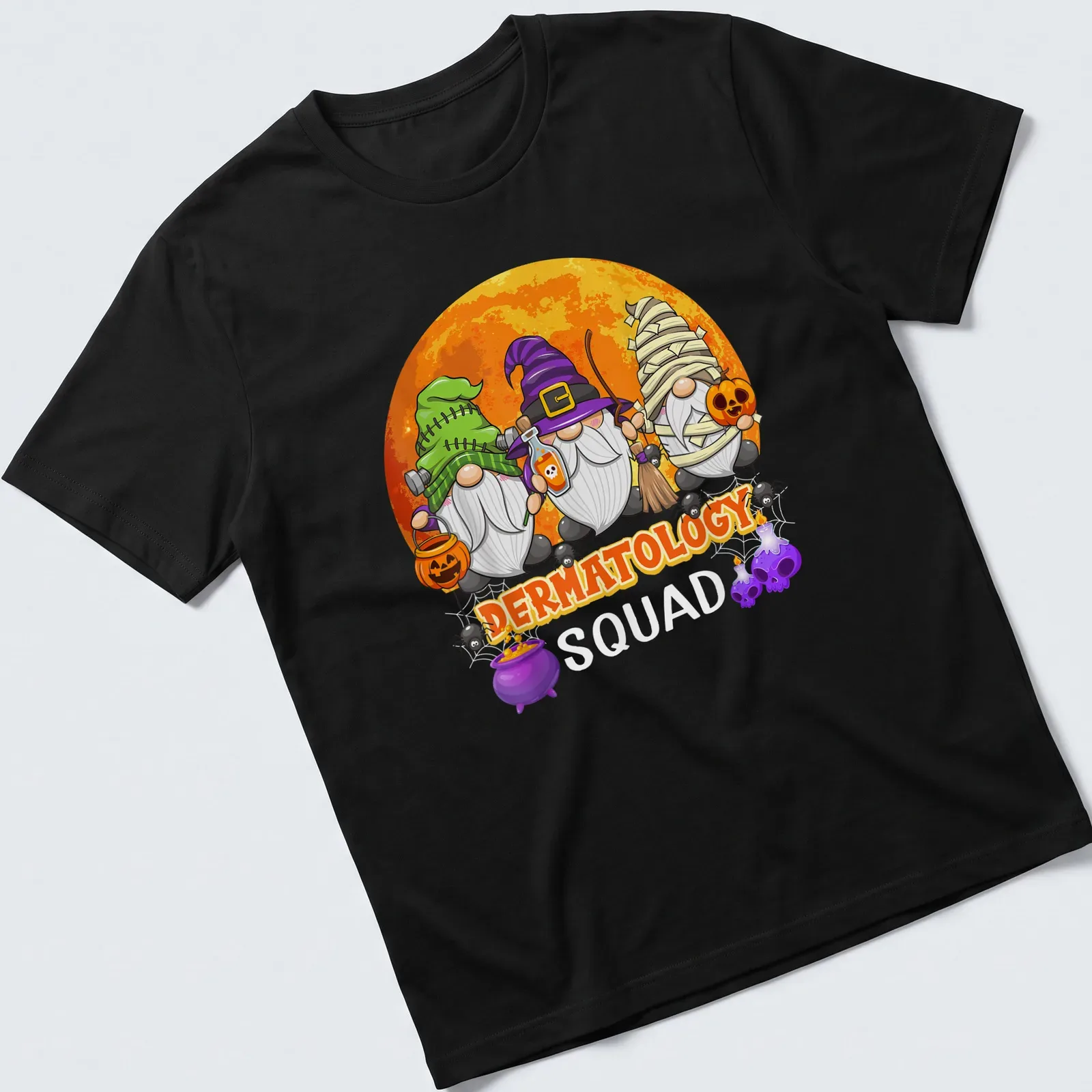 Cartoon dermatology gnomes with colorful accents and humorous text. — printed on a unisex t-shirt