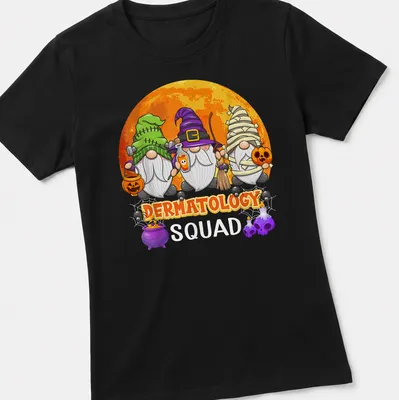 Cartoon dermatology gnomes with colorful accents and humorous text. — printed on a women's shirt
