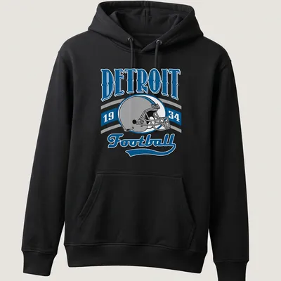 Retro design featuring Detroit Football 1934 text and a football helmet — printed on a unisex hoodie