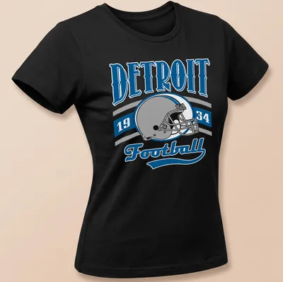 Retro design featuring Detroit Football 1934 text and a football helmet — printed on a women's shirt