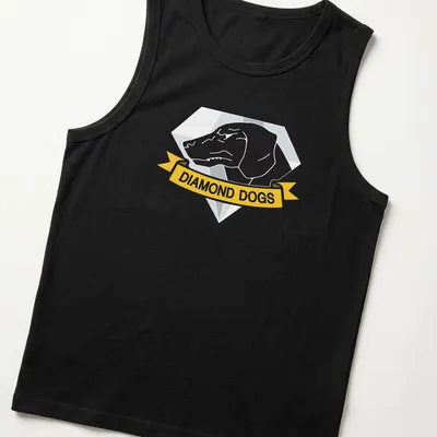 Emblem print of a hound dog with 'DIAMOND DOGS' text in black, yellow, and blue — printed on a tank top