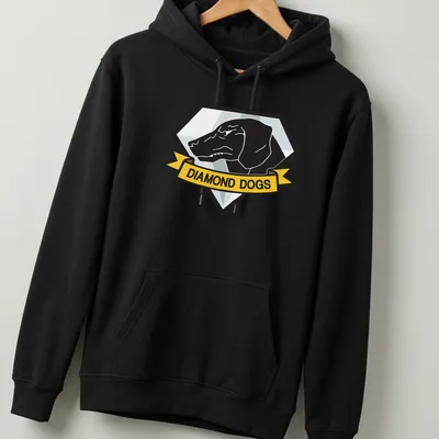 Emblem print of a hound dog with 'DIAMOND DOGS' text in black, yellow, and blue — printed on a unisex hoodie