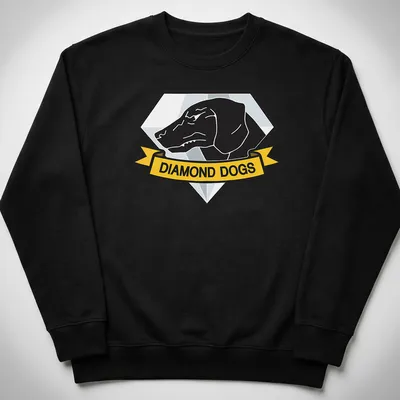 Emblem print of a hound dog with 'DIAMOND DOGS' text in black, yellow, and blue — printed on a unisex sweatshirt