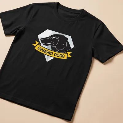 Emblem print of a hound dog with 'DIAMOND DOGS' text in black, yellow, and blue
