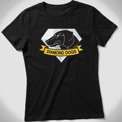 Emblem print of a hound dog with 'DIAMOND DOGS' text in black, yellow, and blue — printed on a women's shirt