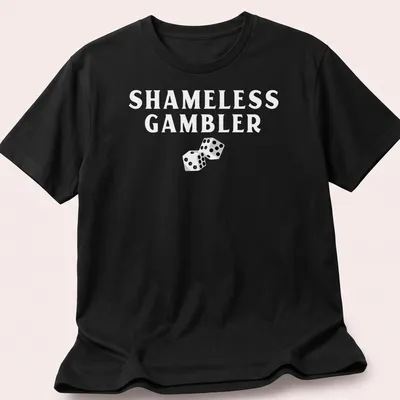 Black and white illustration of dice with the text Shameless Gambler