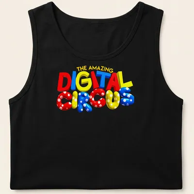 Playful circus logo t-shirt with colorful text and design elements — printed on a tank top