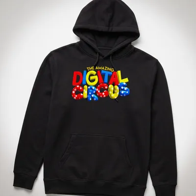 Playful circus logo t-shirt with colorful text and design elements — printed on a unisex hoodie