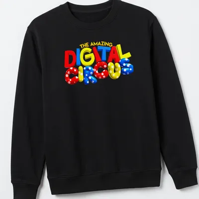 Playful circus logo t-shirt with colorful text and design elements — printed on a unisex sweatshirt
