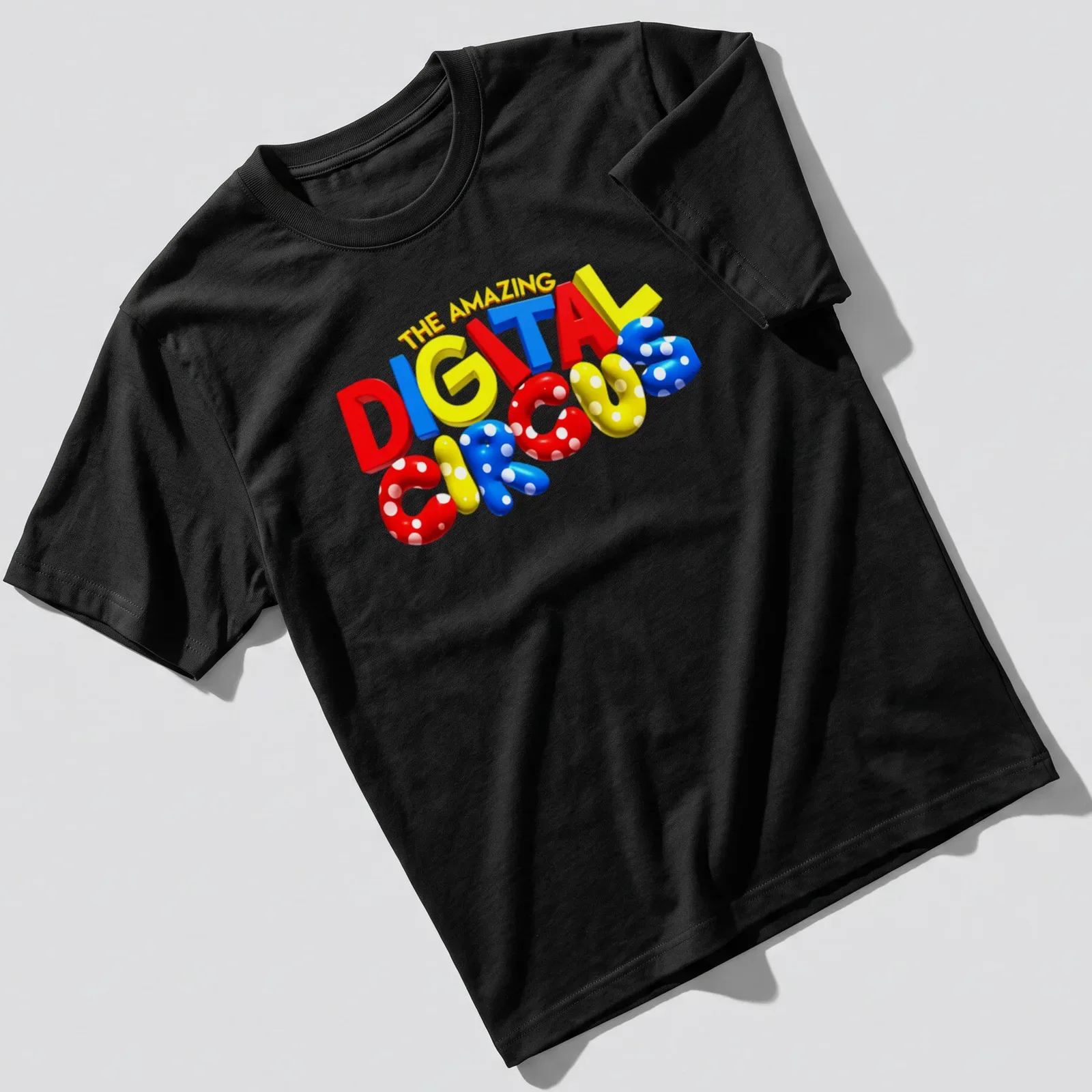 Playful circus logo t-shirt with colorful text and design elements — printed on a unisex t-shirt