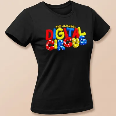 Playful circus logo t-shirt with colorful text and design elements — printed on a women's shirt