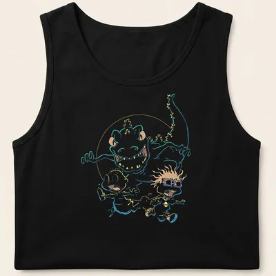 Cartoon graphic of kids running from a dinosaur with colorful, vibrant details. — printed on a tank top