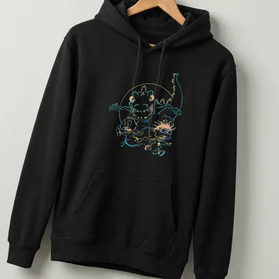 Cartoon graphic of kids running from a dinosaur with colorful, vibrant details. — printed on a unisex hoodie