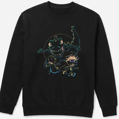 Cartoon graphic of kids running from a dinosaur with colorful, vibrant details. — printed on a unisex sweatshirt
