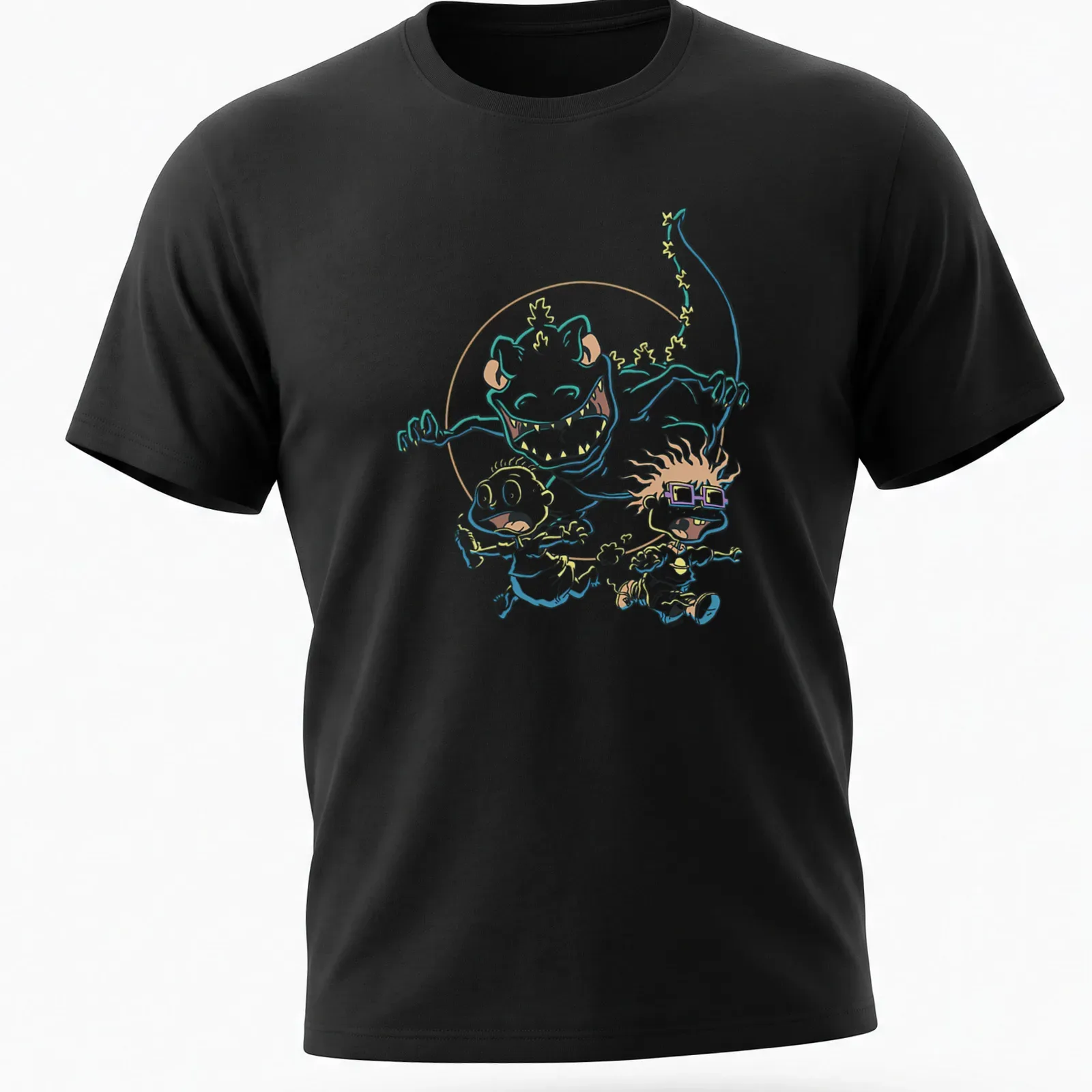 Cartoon graphic of kids running from a dinosaur with colorful, vibrant details. — printed on a unisex t-shirt