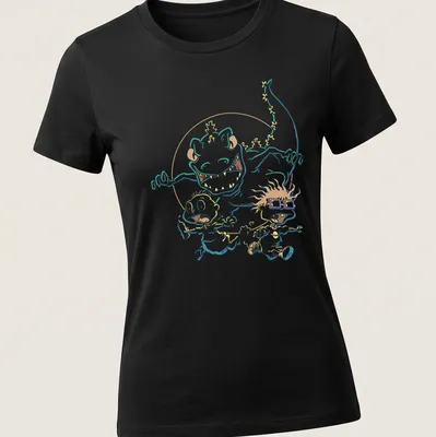 Cartoon graphic of kids running from a dinosaur with colorful, vibrant details. — printed on a women's shirt