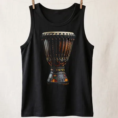 Realistic illustration of a djembes drum in brown, black, beige, red, green, and yellow — printed on a tank top