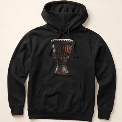 Realistic illustration of a djembes drum in brown, black, beige, red, green, and yellow — printed on a unisex hoodie