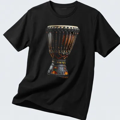 Realistic illustration of a djembes drum in brown, black, beige, red, green, and yellow — printed on a unisex t-shirt