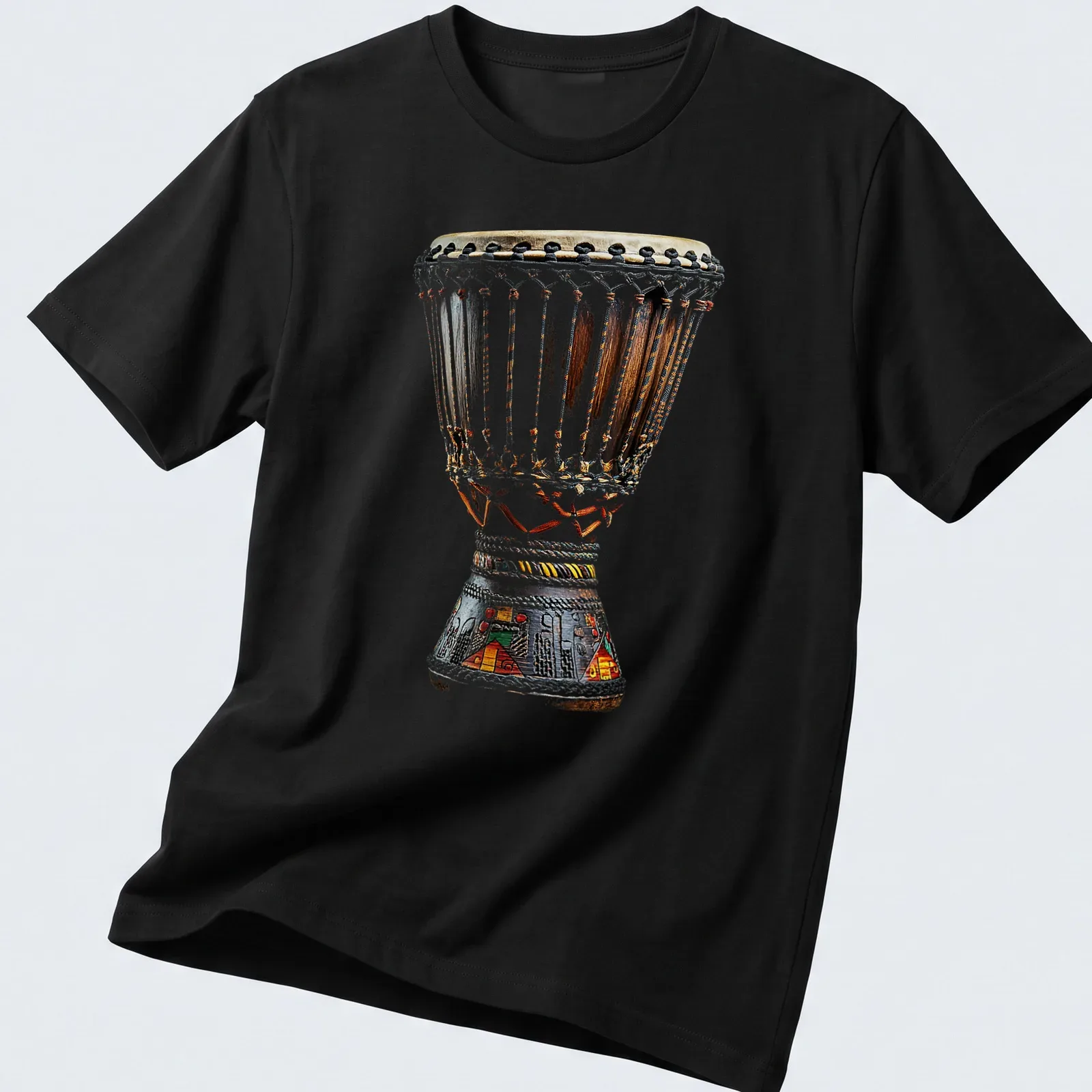 Realistic illustration of a djembes drum in brown, black, beige, red, green, and yellow — printed on a unisex t-shirt