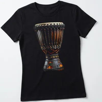 Realistic illustration of a djembes drum in brown, black, beige, red, green, and yellow — printed on a women's shirt
