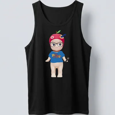 Kawaii Sonny Angel doll illustration with microphone and colorful text — printed on a tank top