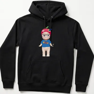 Kawaii Sonny Angel doll illustration with microphone and colorful text — printed on a unisex hoodie