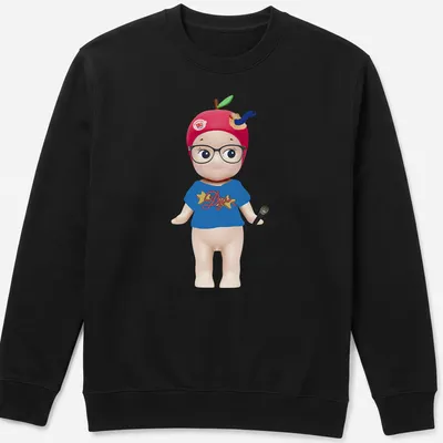Kawaii Sonny Angel doll illustration with microphone and colorful text — printed on a unisex sweatshirt