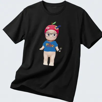 Kawaii Sonny Angel doll illustration with microphone and colorful text — printed on a unisex t-shirt