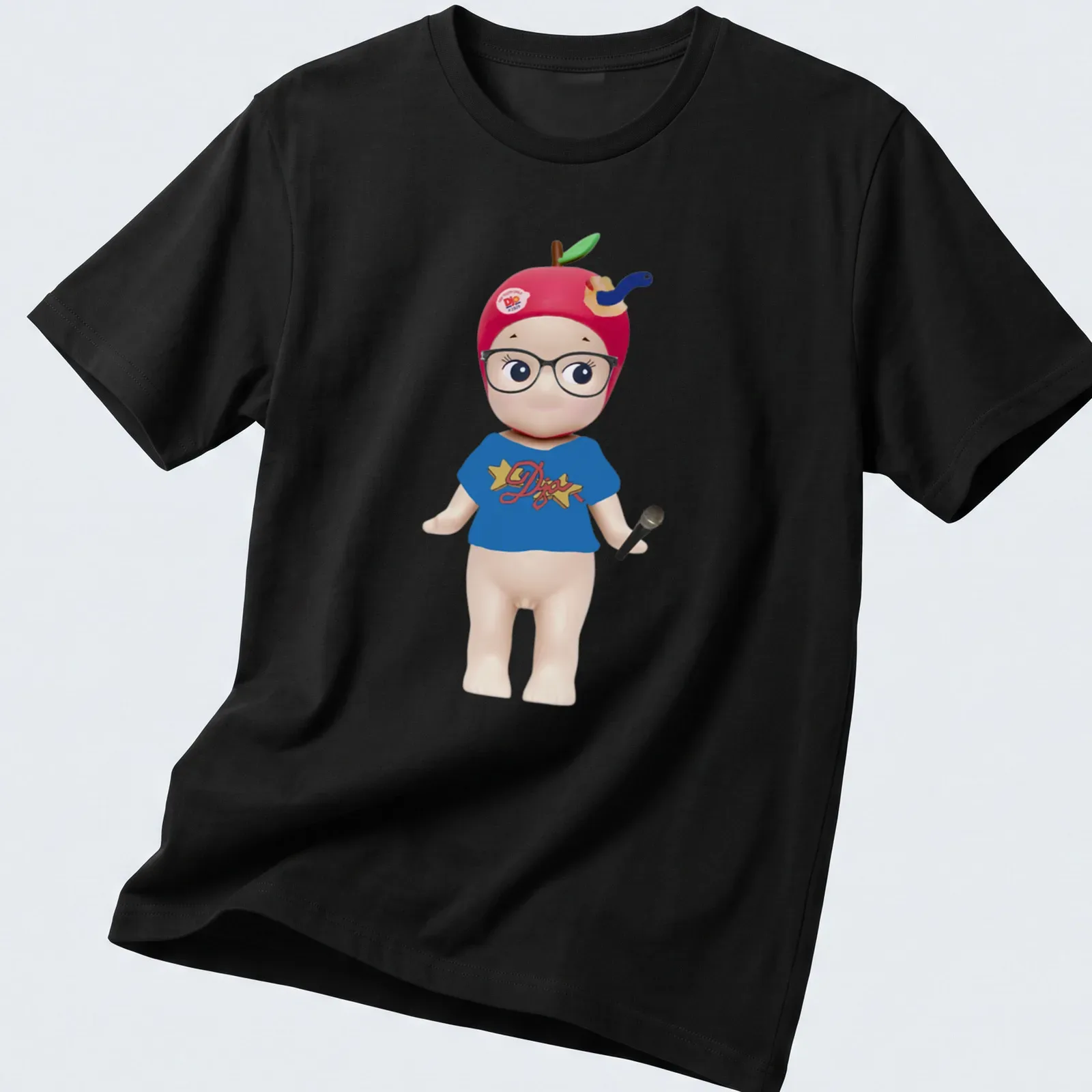 Kawaii Sonny Angel doll illustration with microphone and colorful text — printed on a unisex t-shirt