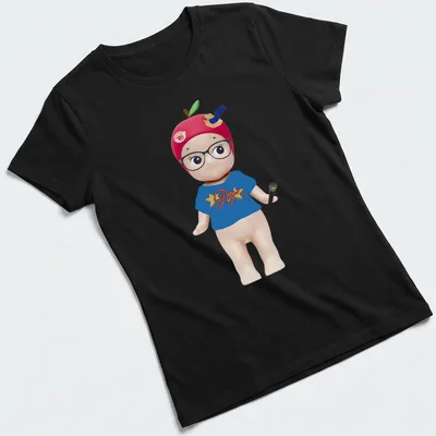 Kawaii Sonny Angel doll illustration with microphone and colorful text — printed on a women's shirt