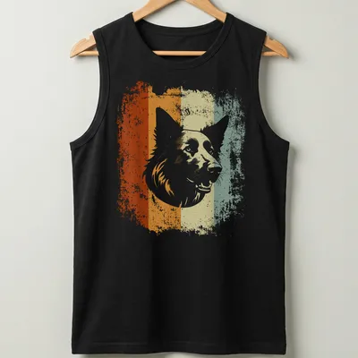 Retro distressed dog illustration in orange, cream, green, and brown — printed on a tank top