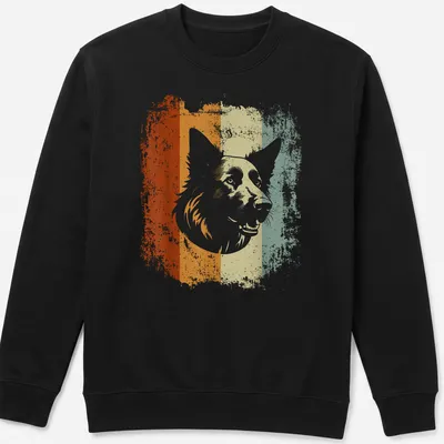 Retro distressed dog illustration in orange, cream, green, and brown — printed on a unisex sweatshirt