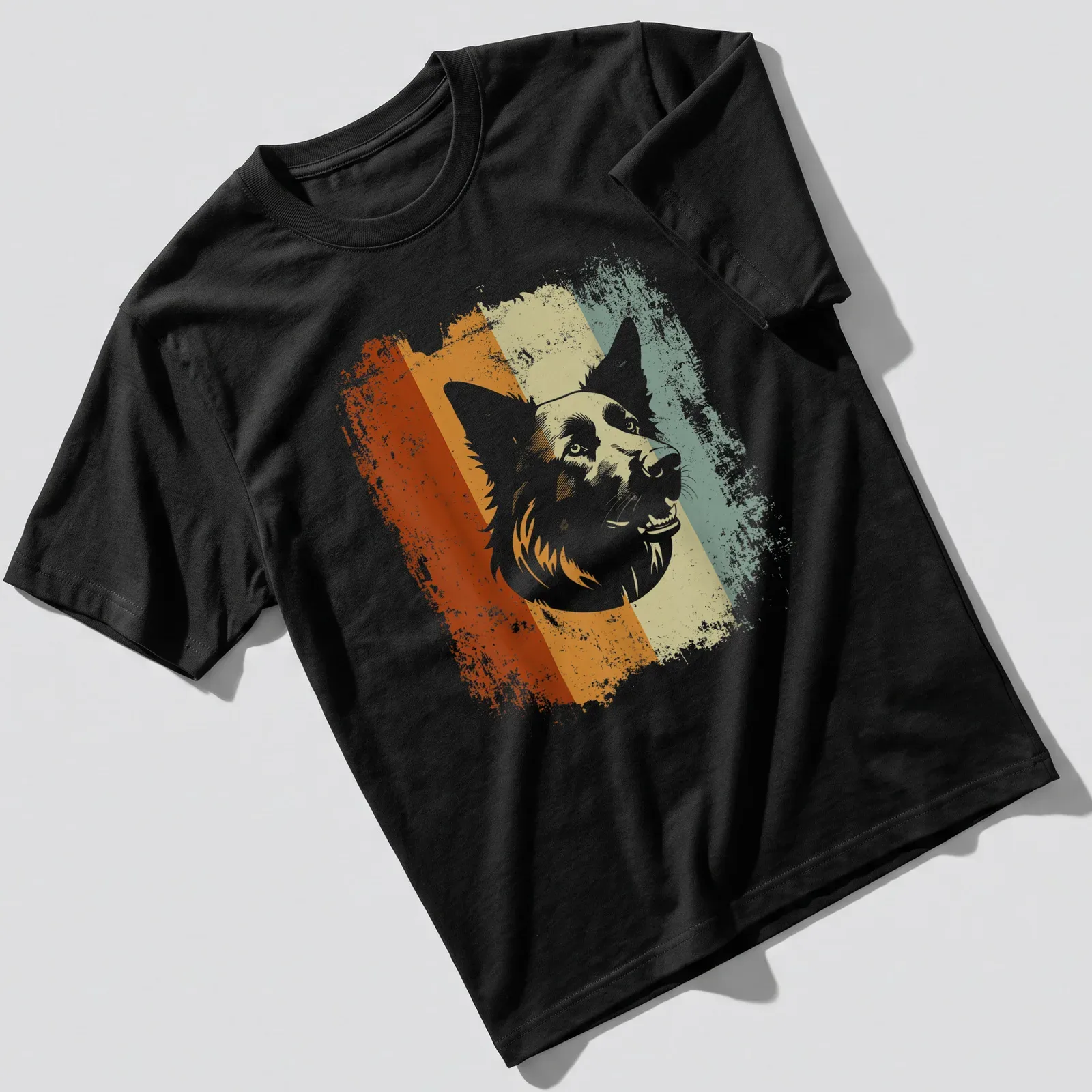 Retro distressed dog illustration in orange, cream, green, and brown — printed on a unisex t-shirt