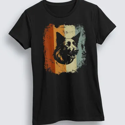 Retro distressed dog illustration in orange, cream, green, and brown — printed on a women's shirt