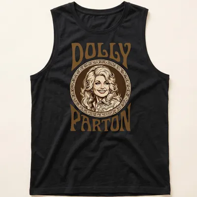 Vintage portrait of Dolly Parton in warm tones with text DOLLY PARTON — printed on a tank top