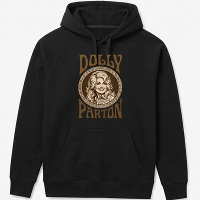 Vintage portrait of Dolly Parton in warm tones with text DOLLY PARTON — printed on a unisex hoodie