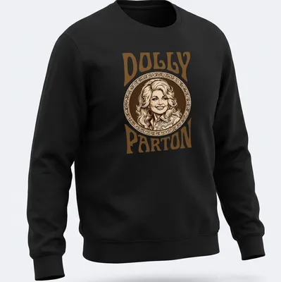 Vintage portrait of Dolly Parton in warm tones with text DOLLY PARTON — printed on a unisex sweatshirt
