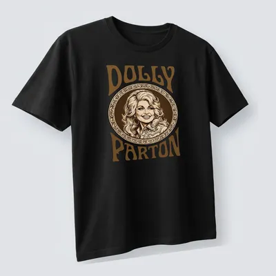 Vintage portrait of Dolly Parton in warm tones with text DOLLY PARTON — printed on a unisex t-shirt (angled view)